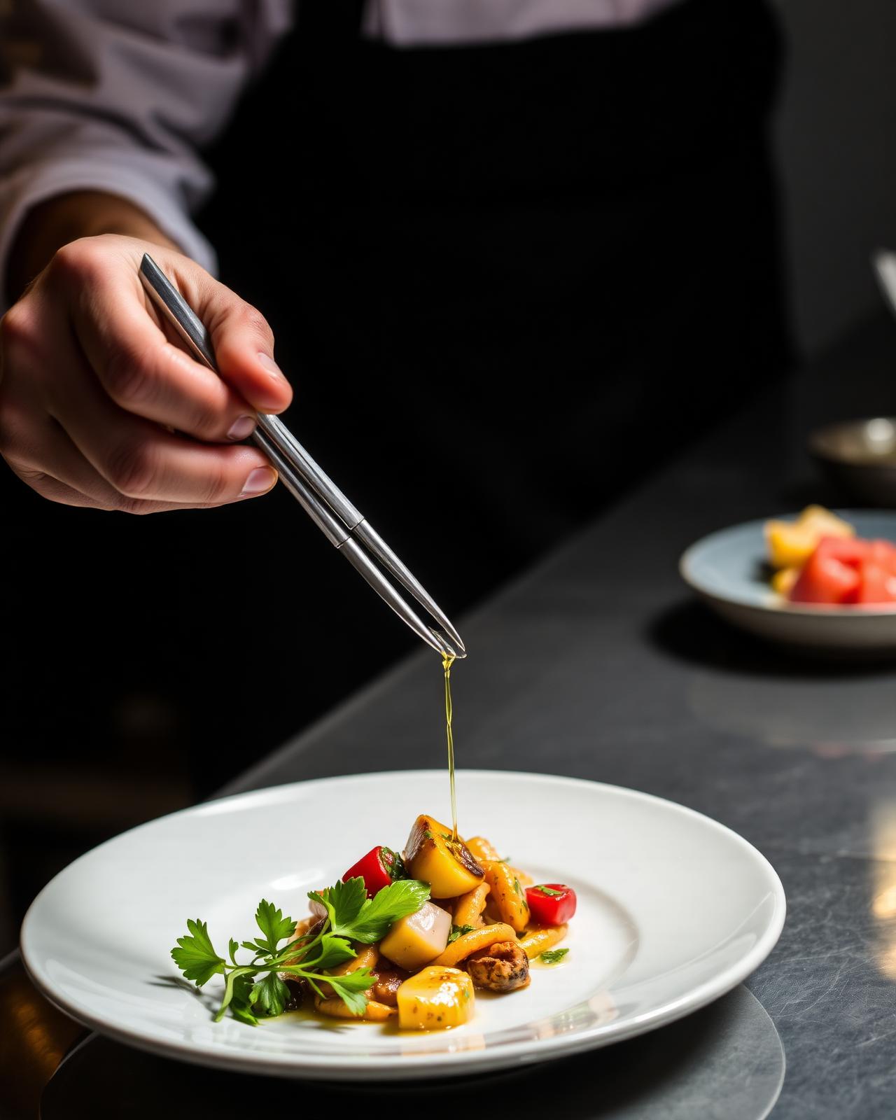 Chef plating a finished dish at the pass under warm restaurant lighting
