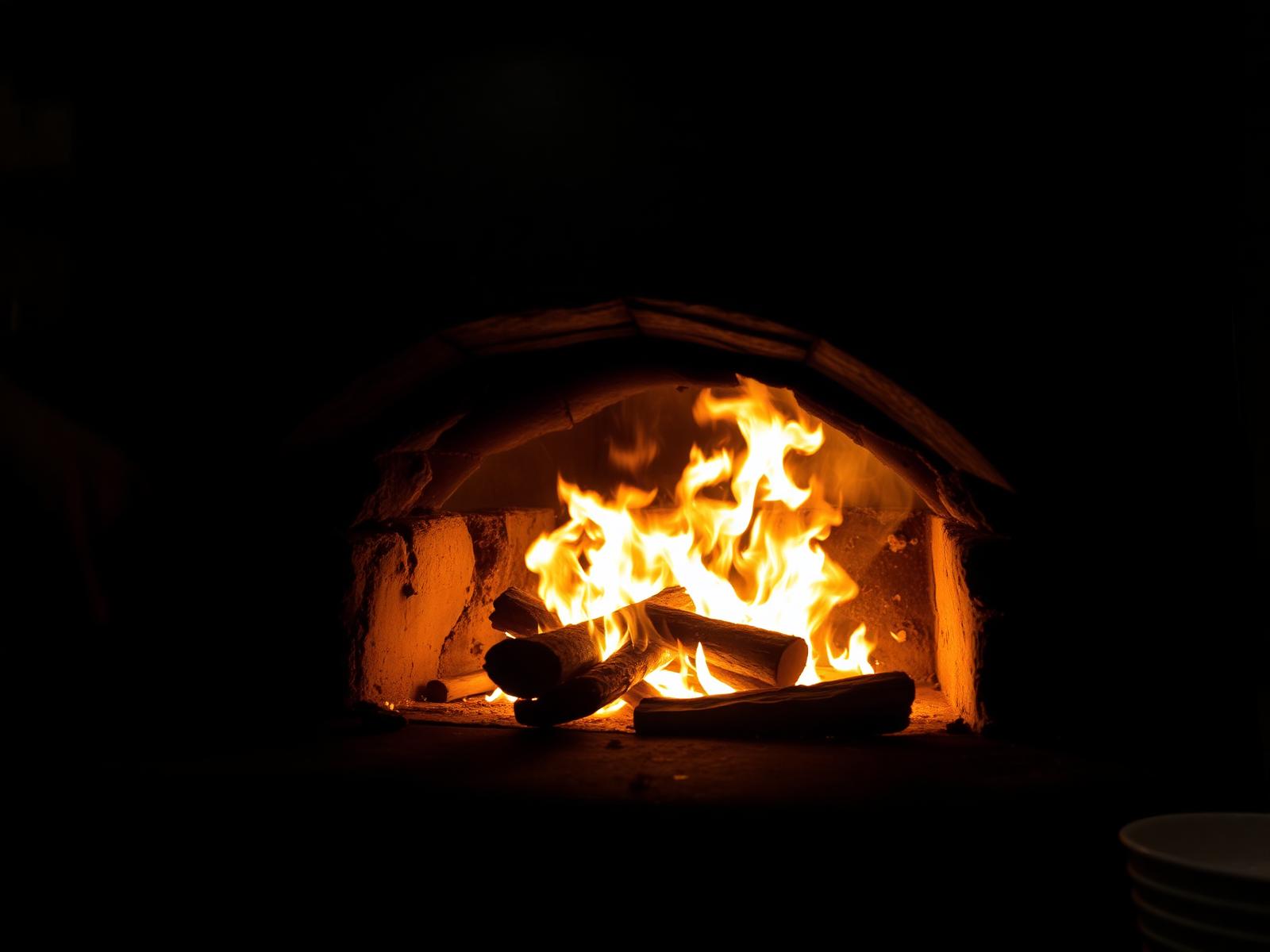 Hickory wood fire glowing in the open hearth grill
